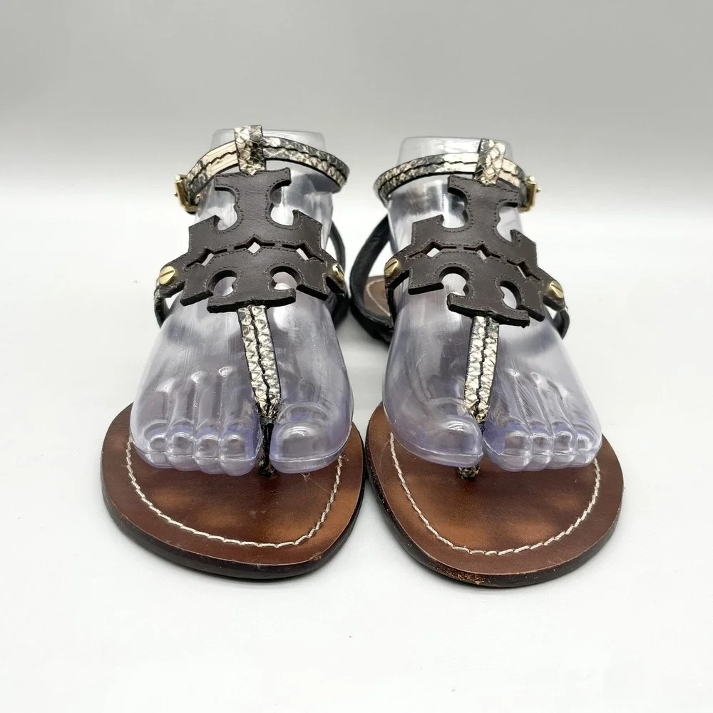 Tory Burch Womens 8M Miller Thong Sandals Brown Snakeskin Leather Flat Preppy